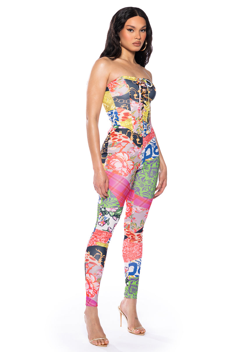 Side View Show Off Lace Up Corset And Pant Set