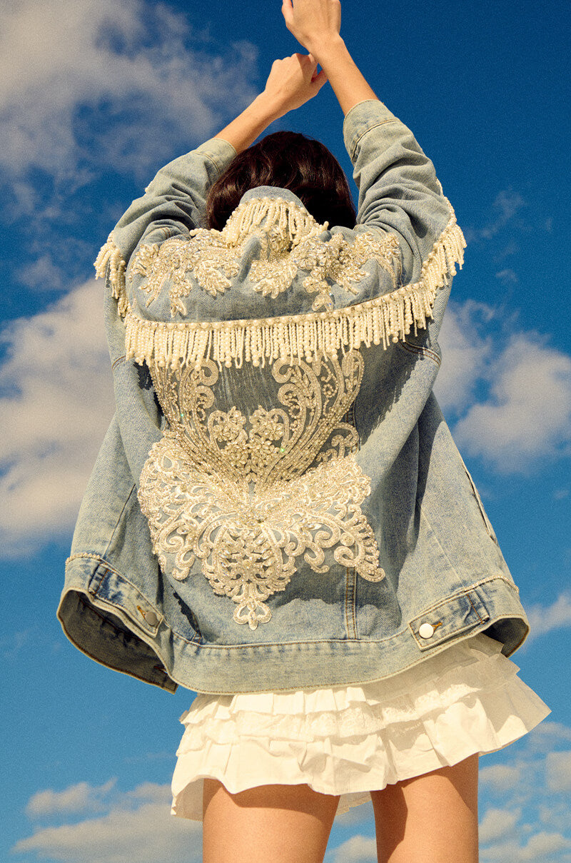 Extra View Show Stopper Pearl Embellished Denim Jacket