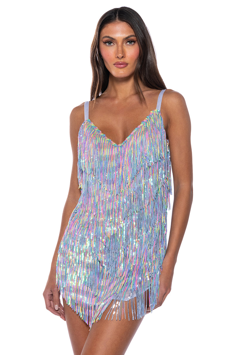 Front View Show Up Fringe Mini Dress