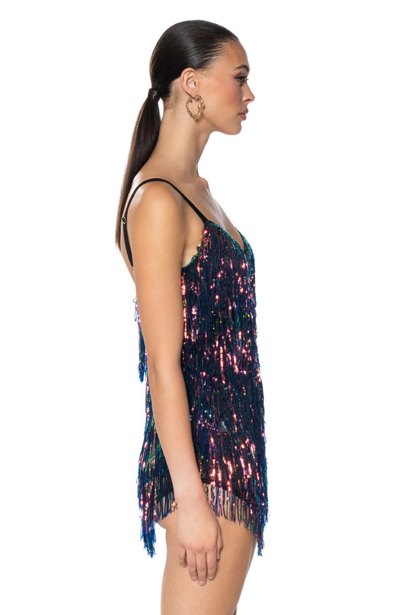 Detail View Show Up Sequin Fringe Mini Dress In Black Multi