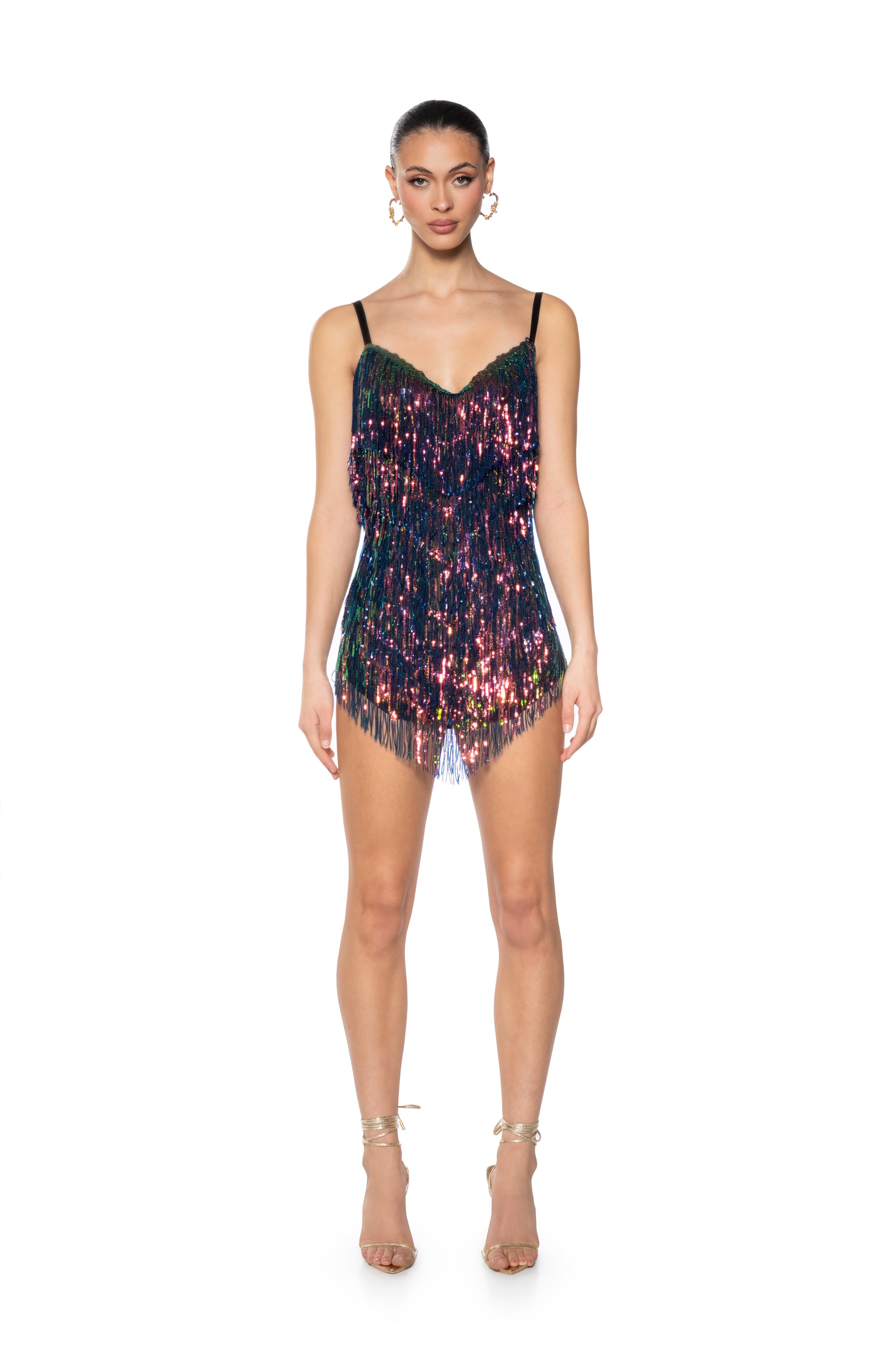 SHOW UP SEQUIN FRINGE MINI DRESS IN BLACK MULTI AKIRA SHOW UP SEQUIN FRINGE MINI DRESS IN BLACK MULTI AKIRA