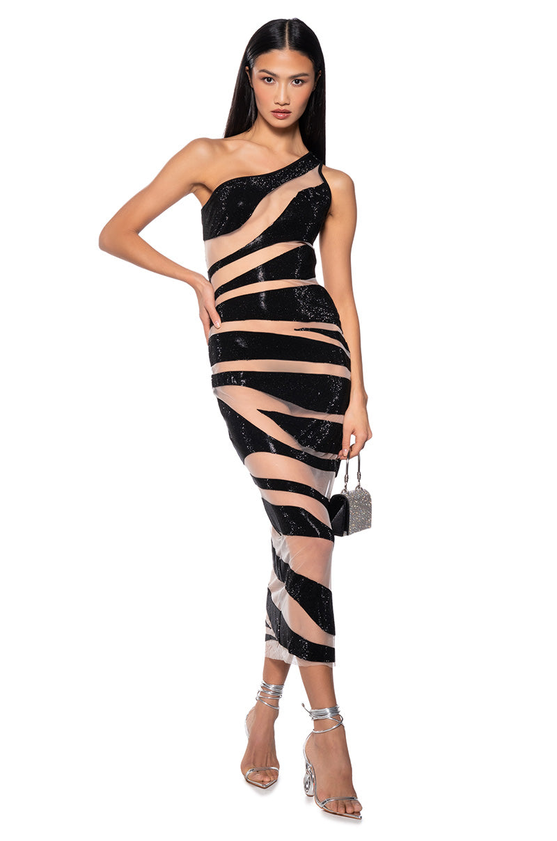 Front View Showstopper Cut Out Rhinestone Midi Dress