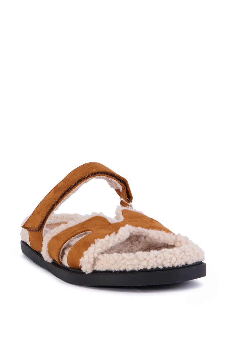 Back View Shoyna Fuzzy Sherpa Flat Sandal