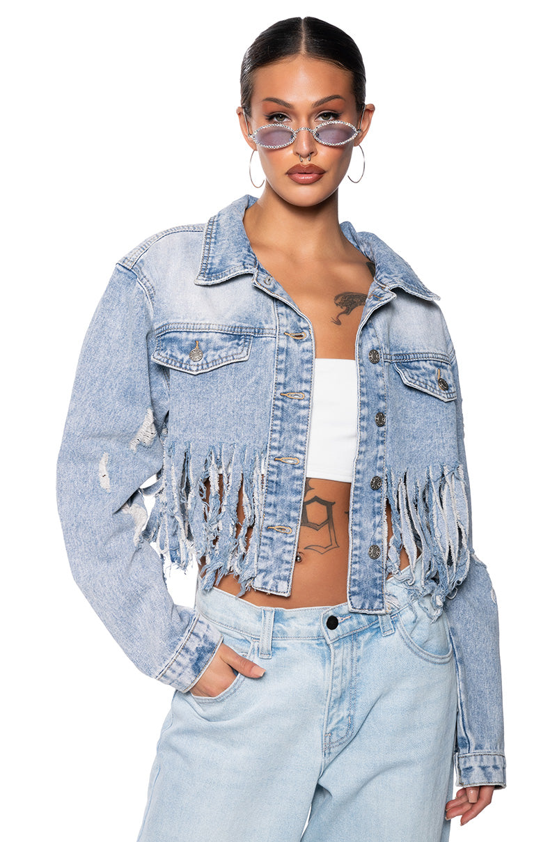 Front View Shredded Fringe Cropped Denim Jacket 0