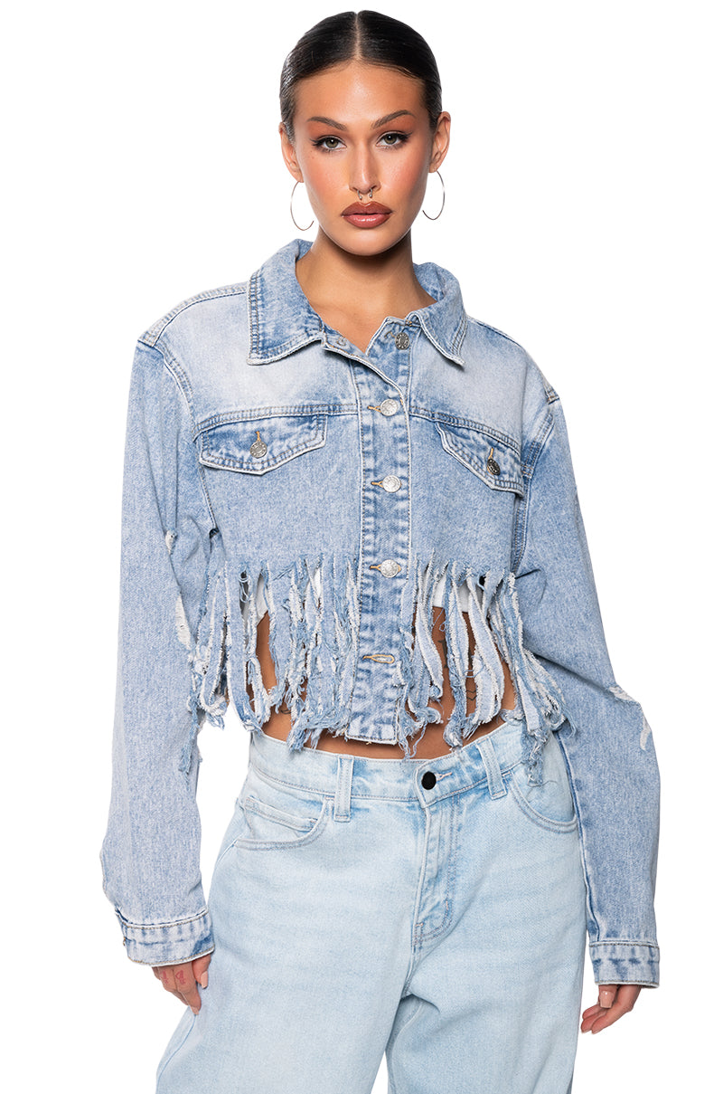 Side View Shredded Fringe Cropped Denim Jacket 1