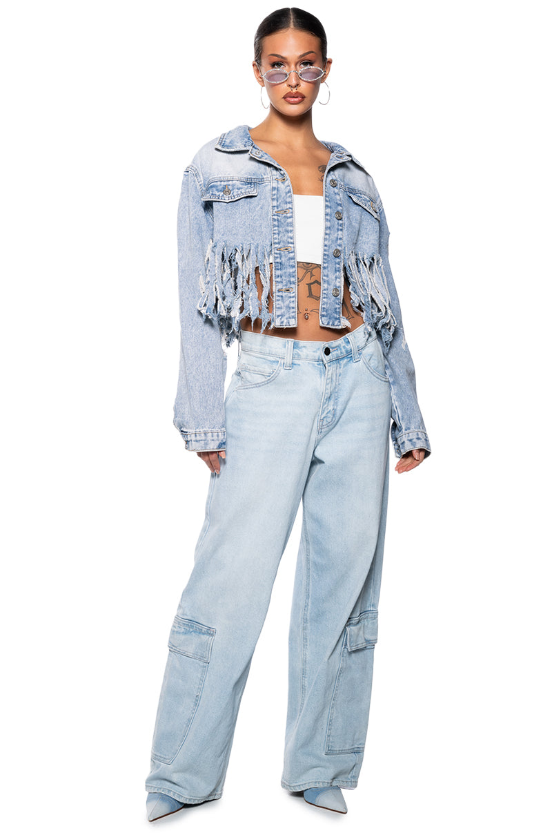 Back View Shredded Fringe Cropped Denim Jacket 2