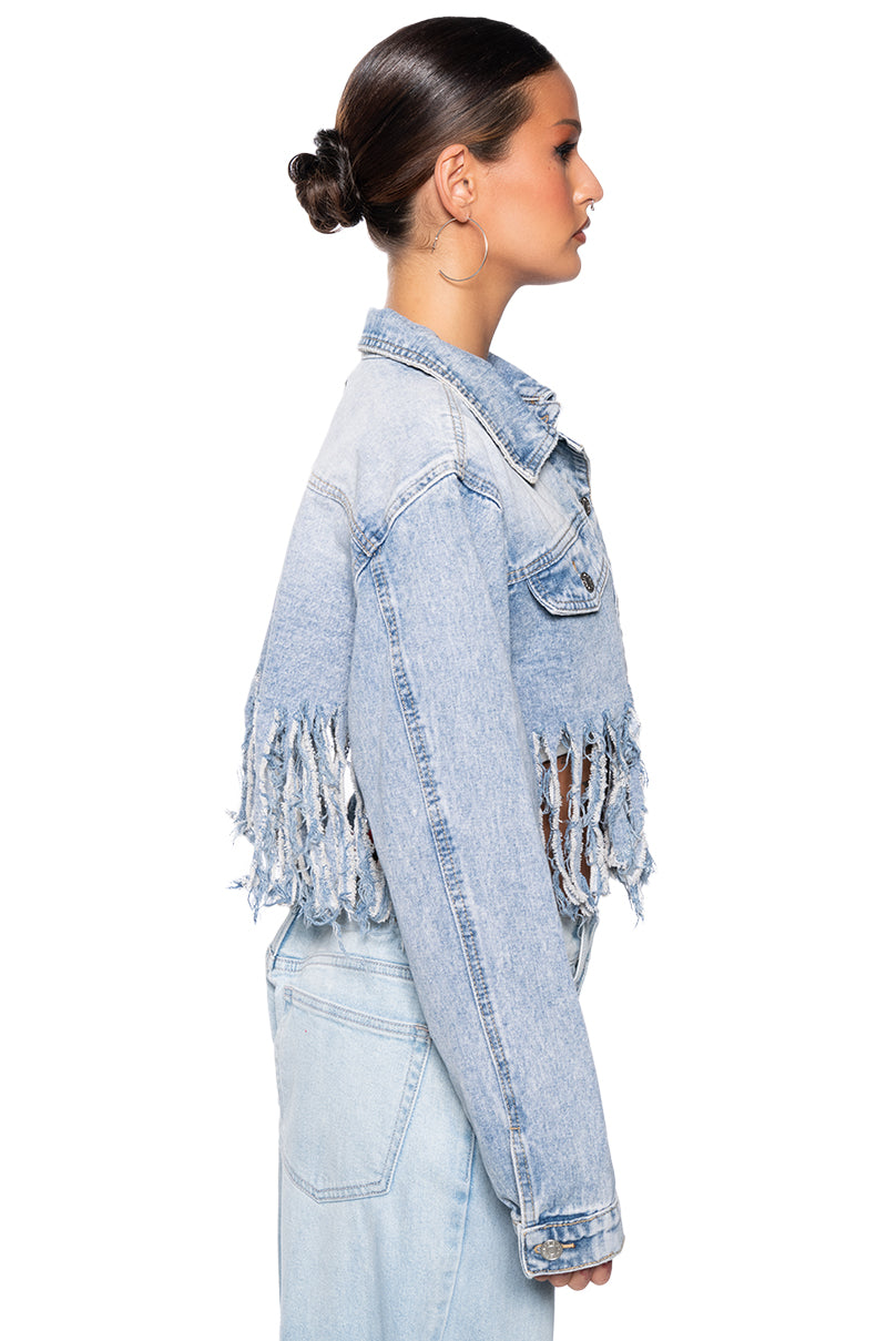 Detail View Shredded Fringe Cropped Denim Jacket 3