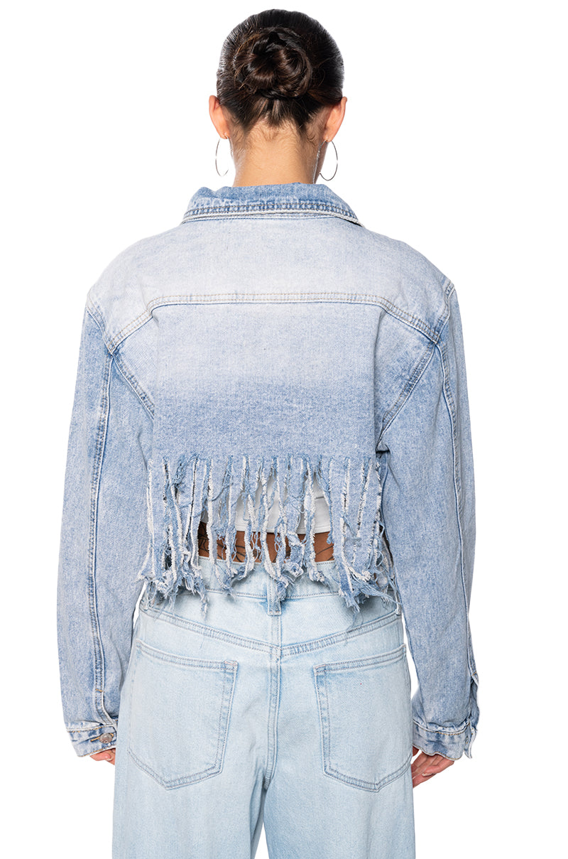 Full View Shredded Fringe Cropped Denim Jacket 4