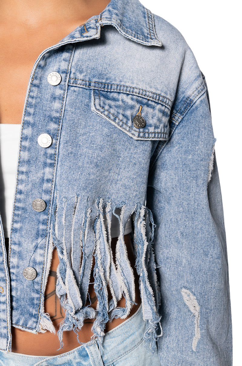 Extra View Shredded Fringe Cropped Denim Jacket 5