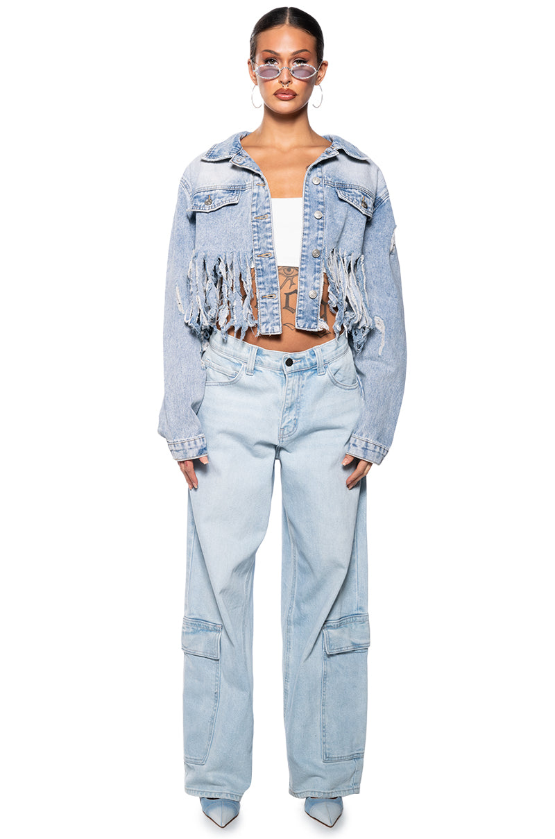 Extra View Shredded Fringe Cropped Denim Jacket 6