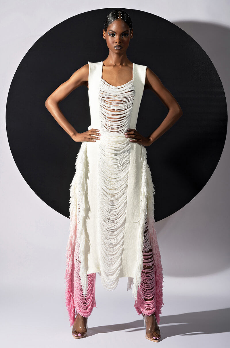 Front View Shredded Sleeveless Long Knit Sweater