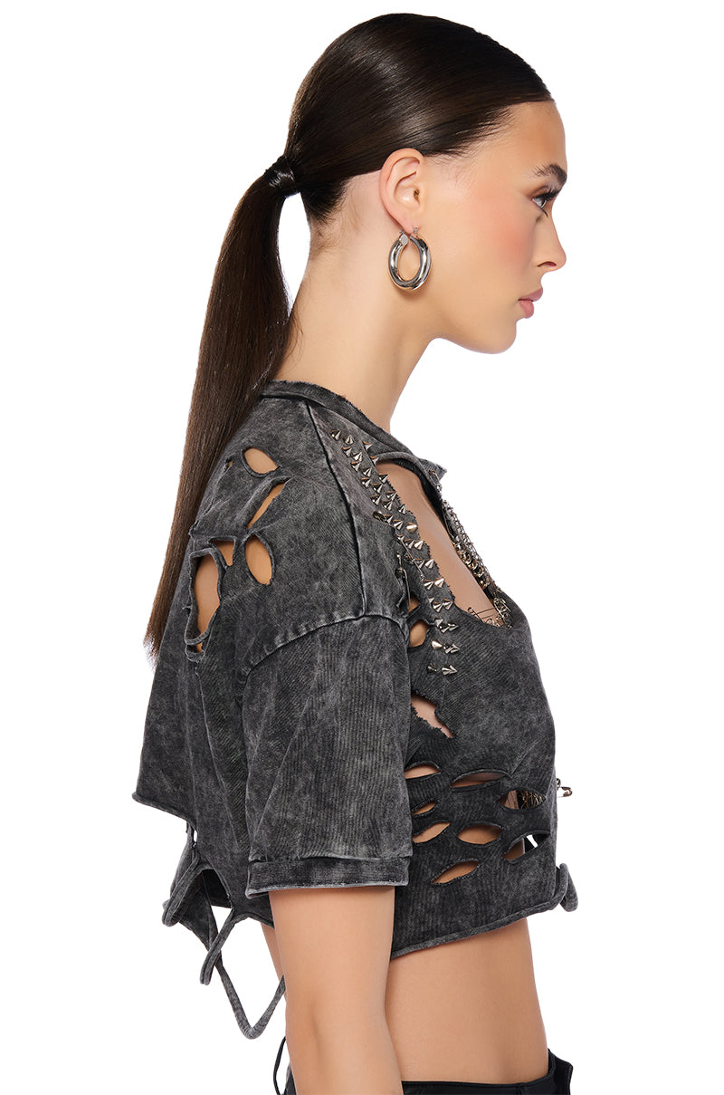 Back View Sid Distressed Studded Short Sleeve T Shirt In Grey