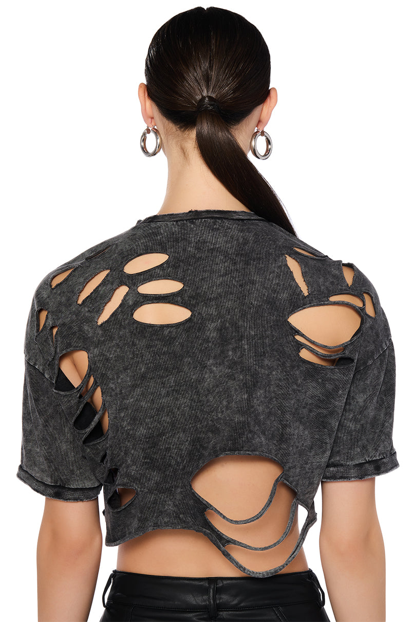 Detail View Sid Distressed Studded Short Sleeve T Shirt In Grey