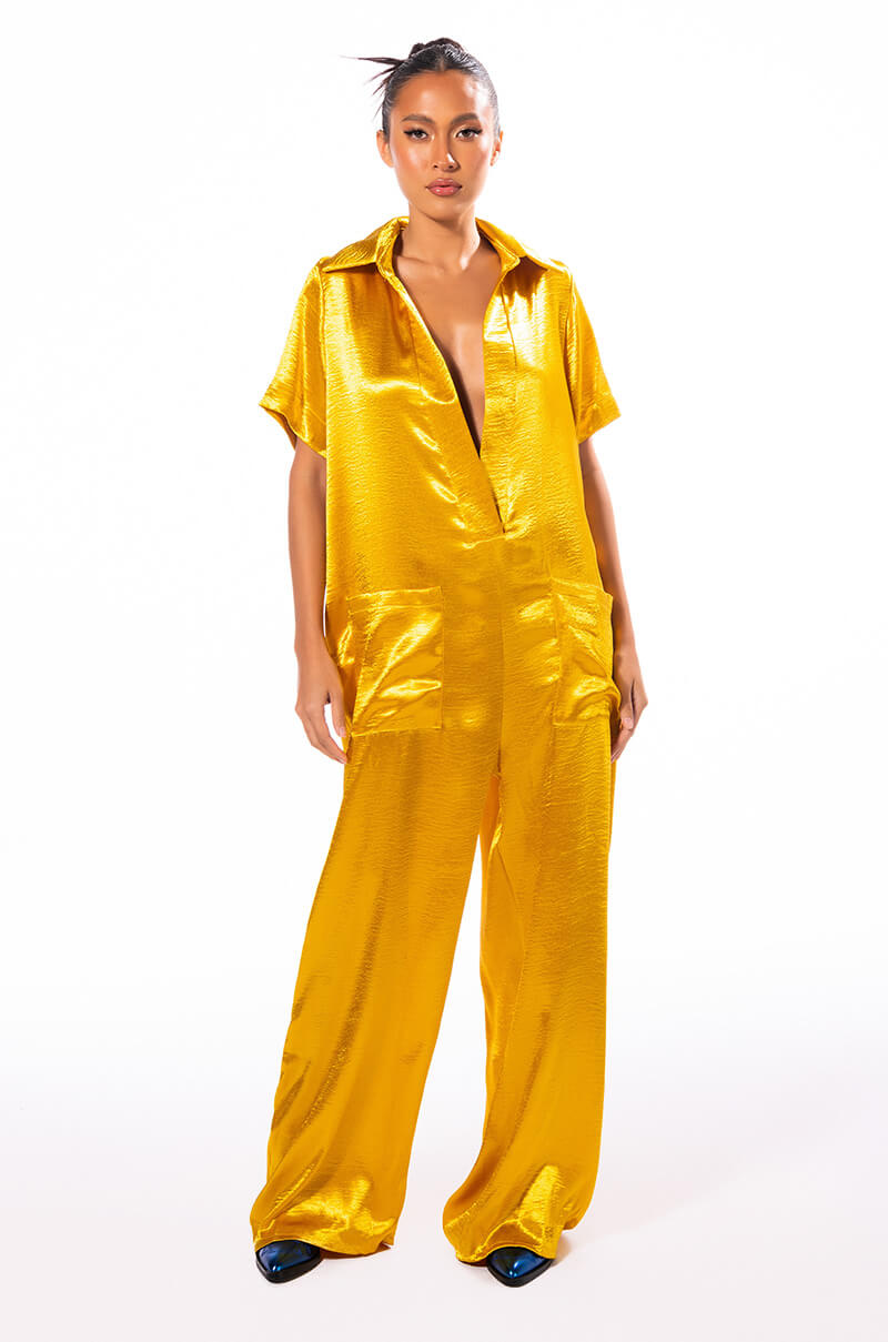 Back View Silent Dreamer Short Sleeve Satin Jumpsuit