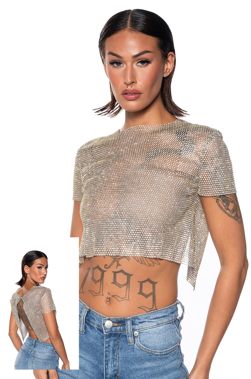 Back View Silent Moves Open Back Rhinestone Top In Gold