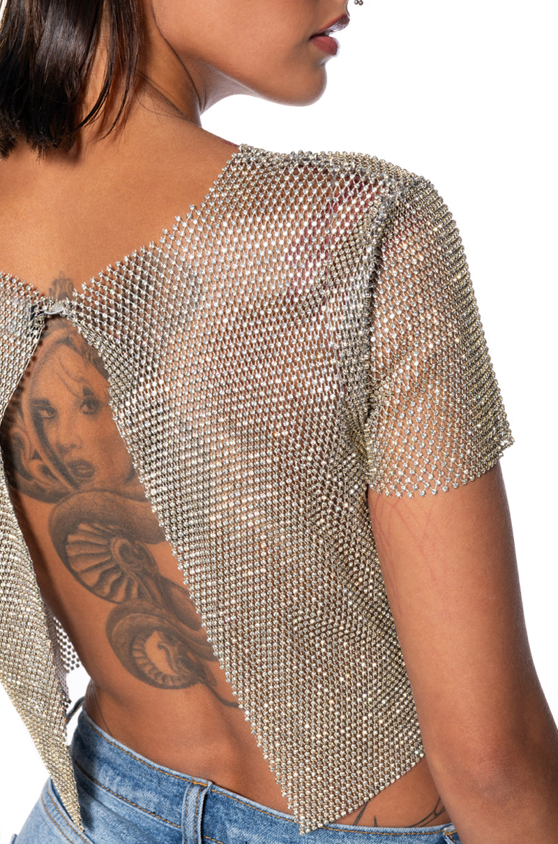 Extra View Silent Moves Open Back Rhinestone Top In Gold