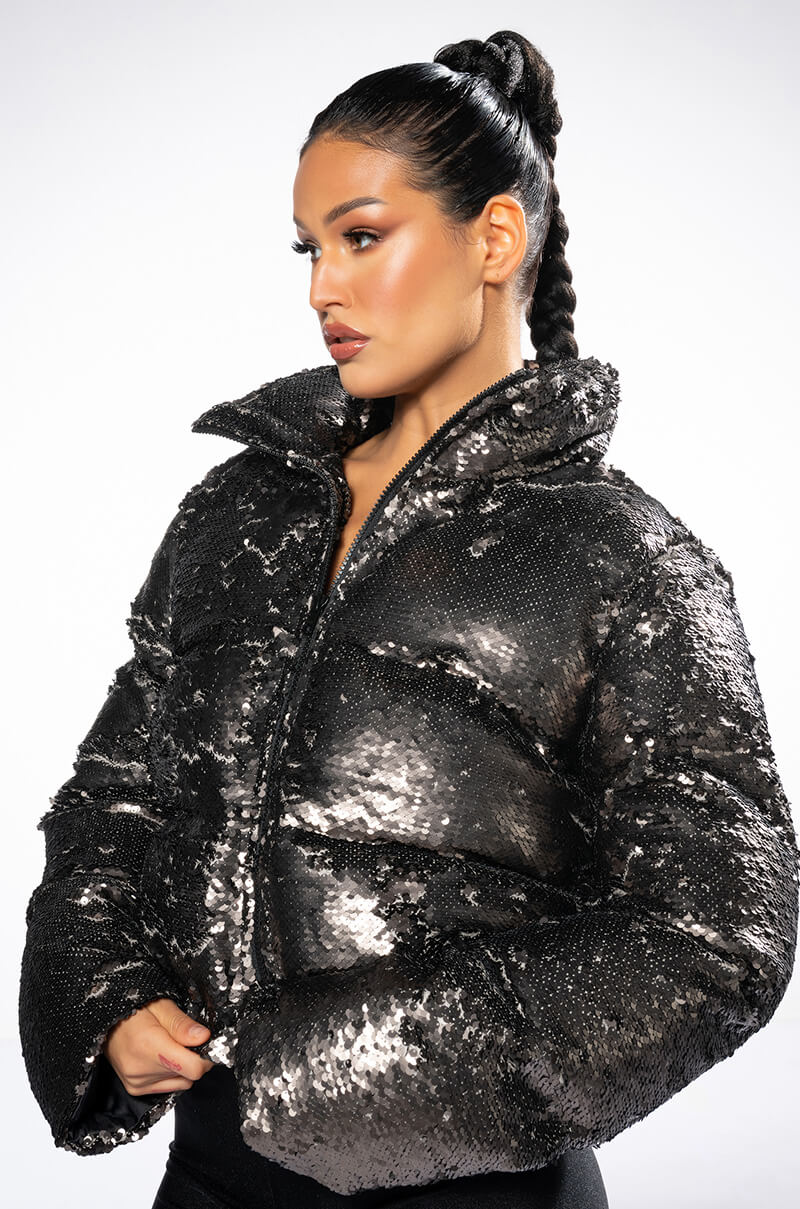 Front View Silk Road Sequin Puffer Jacket