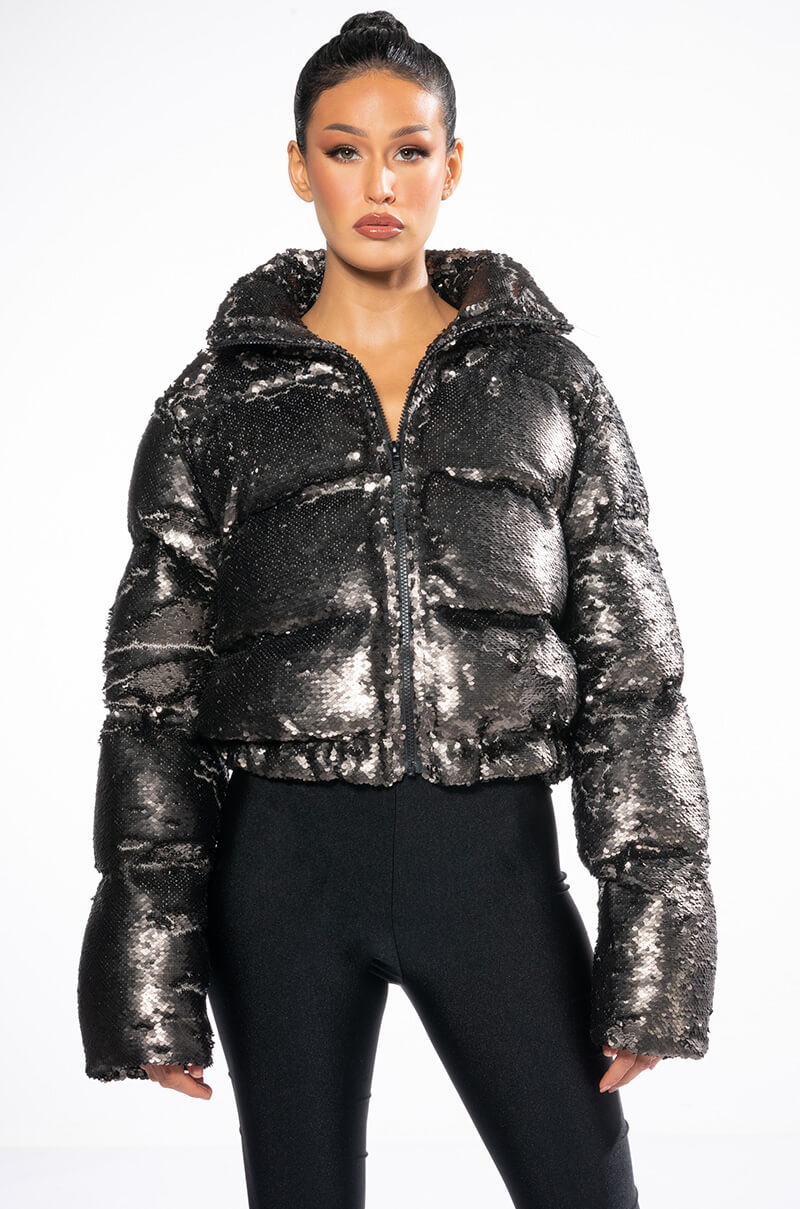 Back View Silk Road Sequin Puffer Jacket