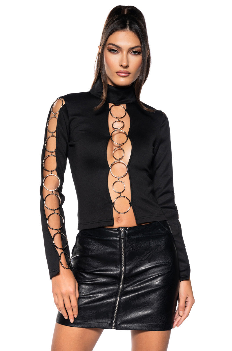 Front View Silver Ring Mock Neck Knit Top