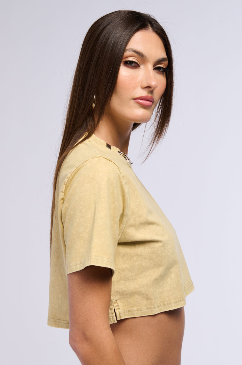 Side View Simple And Cute Embellished Neckline Shirt In Light Brown