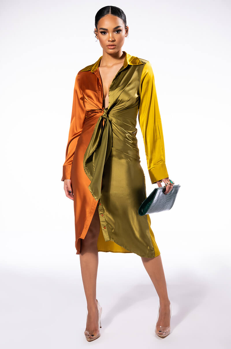 Front View Simply Divine Draped Satin Midi Dress