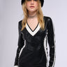 Front View Sitting Courtside Striped Pu Jersey Long Sleeve Mini Dress