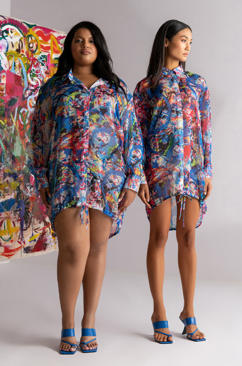 Front View Skyart X Akira Chiffon Button Up Mini Dress