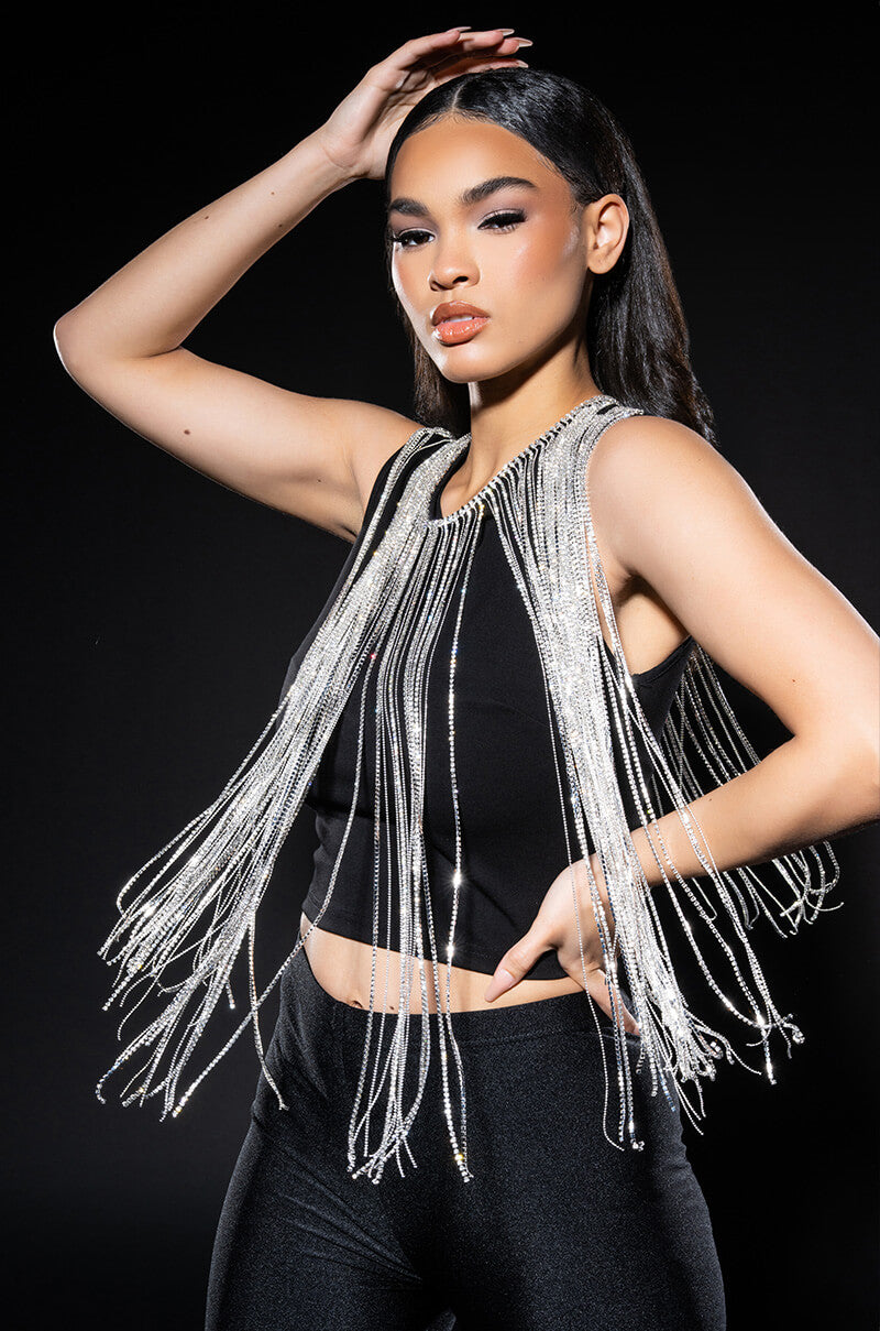 SLAY RHINESTONE FRINGE CROP TOP view 0