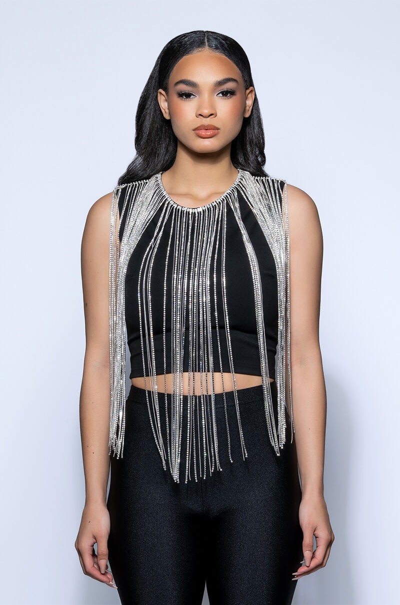 Detail View Slay Rhinestone Fringe Crop Top