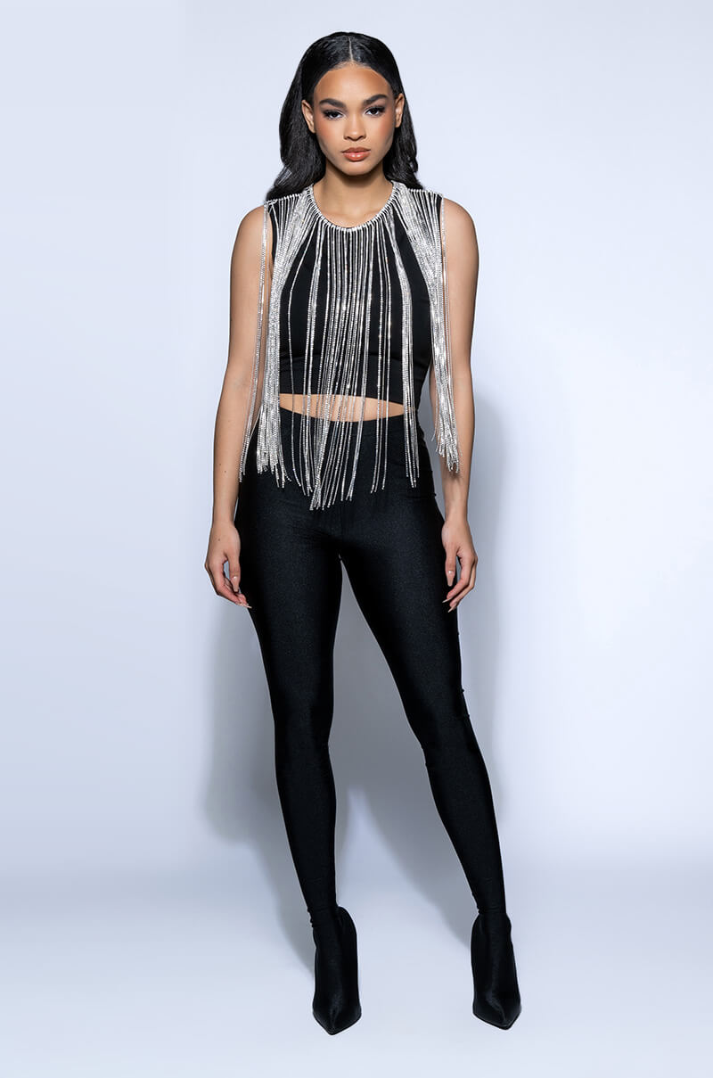 Extra View Slay Rhinestone Fringe Crop Top