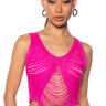 Front View Slay Sleeveless Shredded Knit Crop Top In Fuchsia