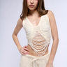 Front View Slay Sleeveless Shredded Knit Crop Top In Ivory