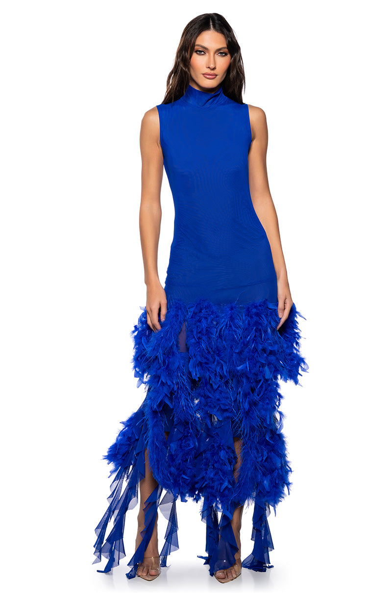 Front View Sleek And Chic Feather Maxi Dress