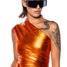 Front View Sleek Metallic One Shoulder Top In Orange
