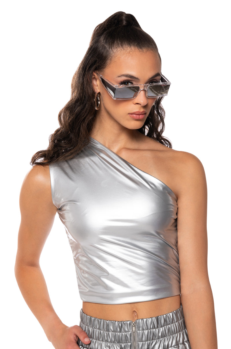 Front View Sleek Vinyl One Shoulder Top In Silver