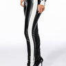 Front View Slim Thicc Faux Leather Leggings With Stripe With Four Way Stretch