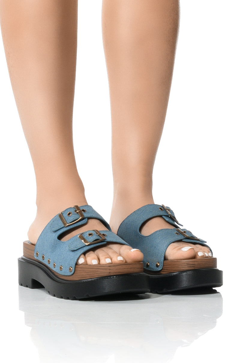 Front View Slow Motion Flat Sandal In Denim