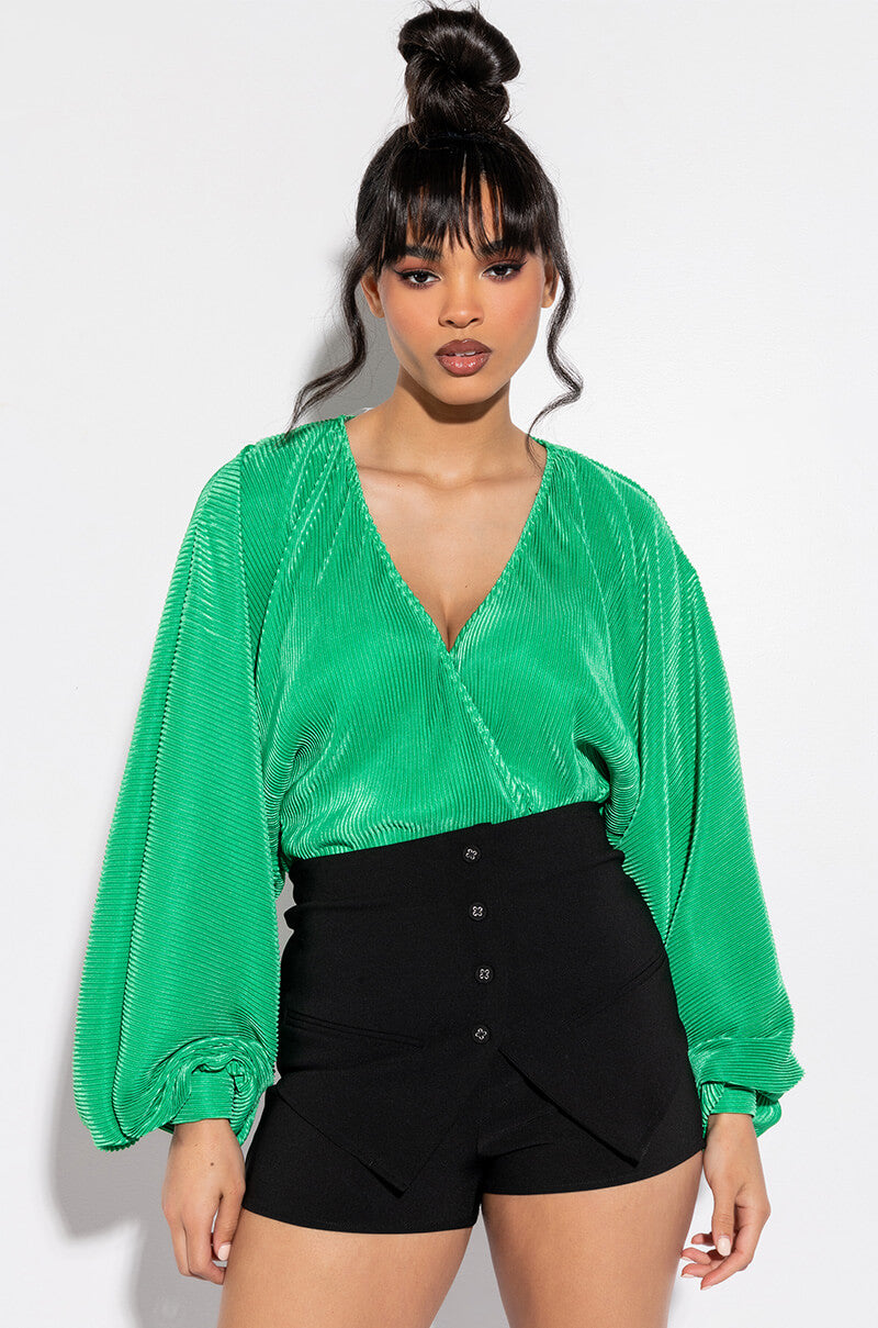 Front View Slow Motion Long Sleeve Wrap Front Bodysuit