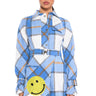 Front View Smiley Embellished Patch Flannel Trench Mini Dress