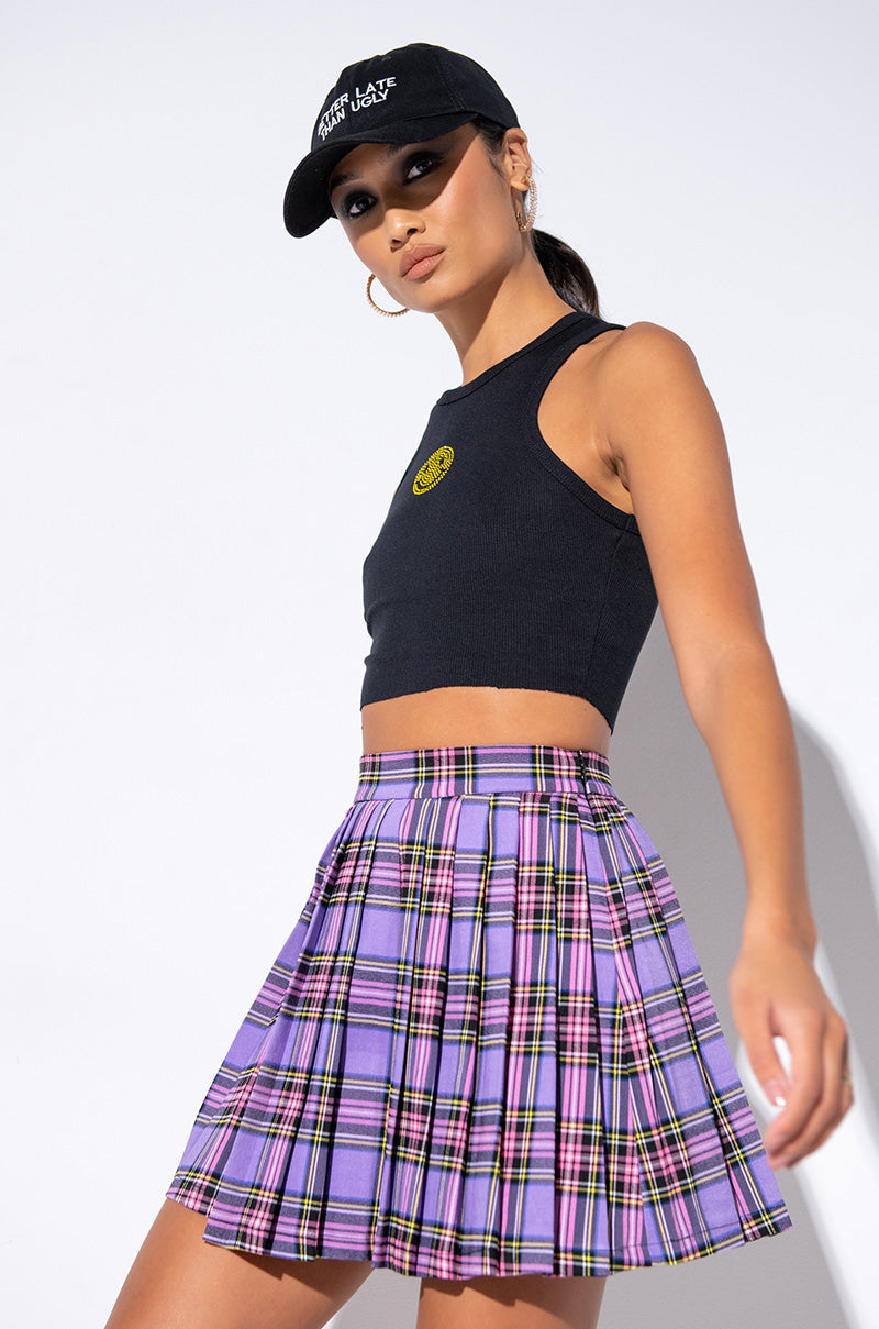 Front View Smiley Face Cropped Rib Tank in Black