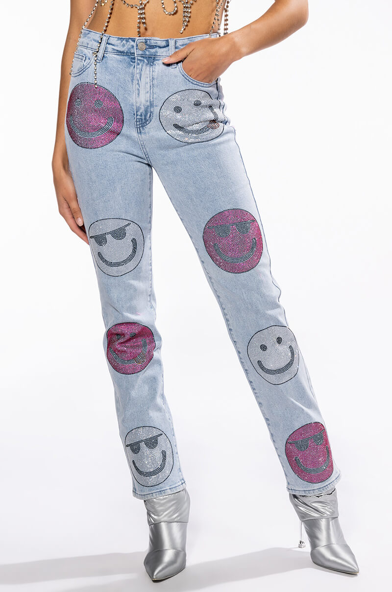 SMILEY FACES RHINESTONE HIGH RISE STRAIGHT JEANS view 0