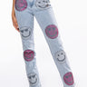 Front View Smiley Faces Rhinestone High Rise Straight Leg Jeans