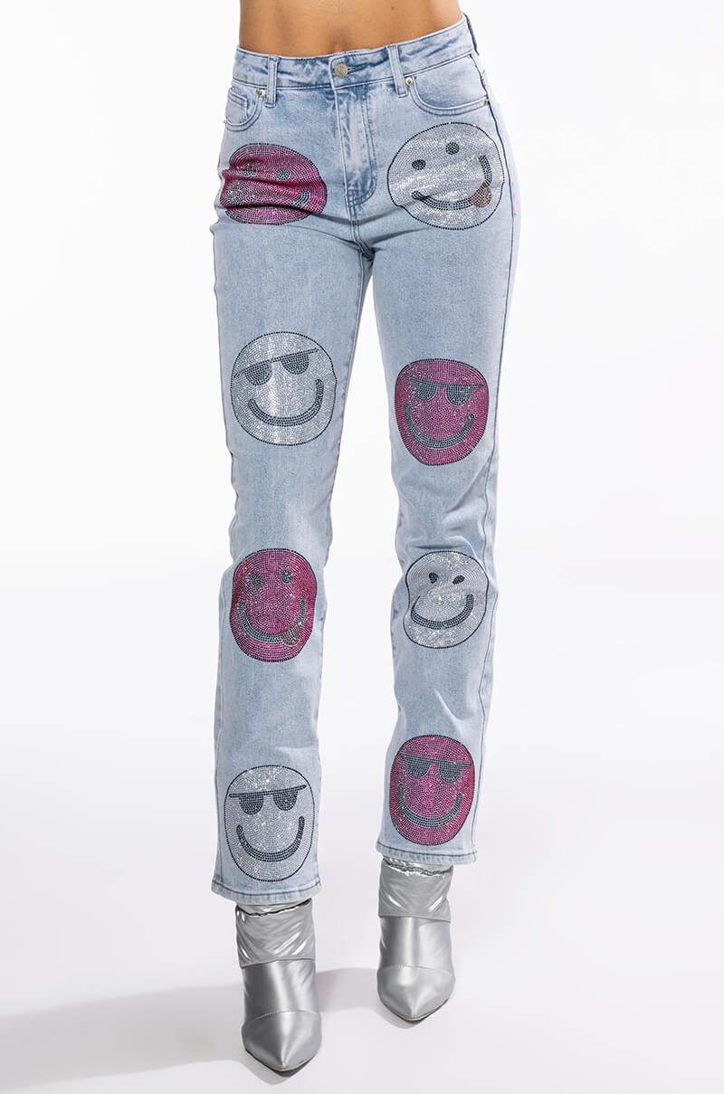 Full View Smiley Faces Rhinestone High Rise Straight Leg Jeans