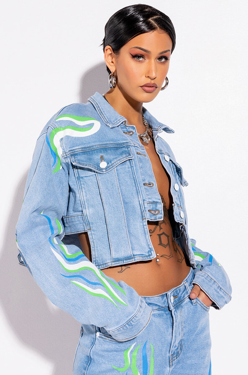Side View Smooth Swirlin Crop Denim Jacket