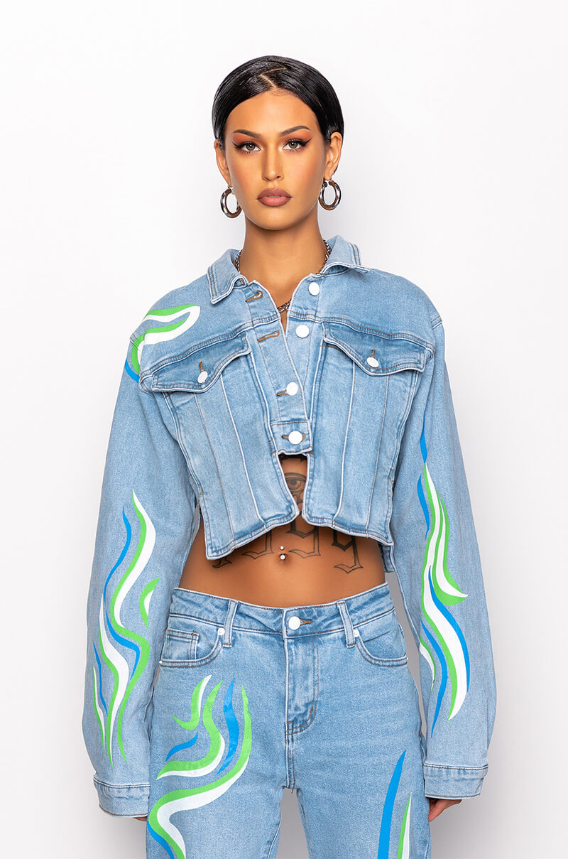 Detail View Smooth Swirlin Crop Denim Jacket