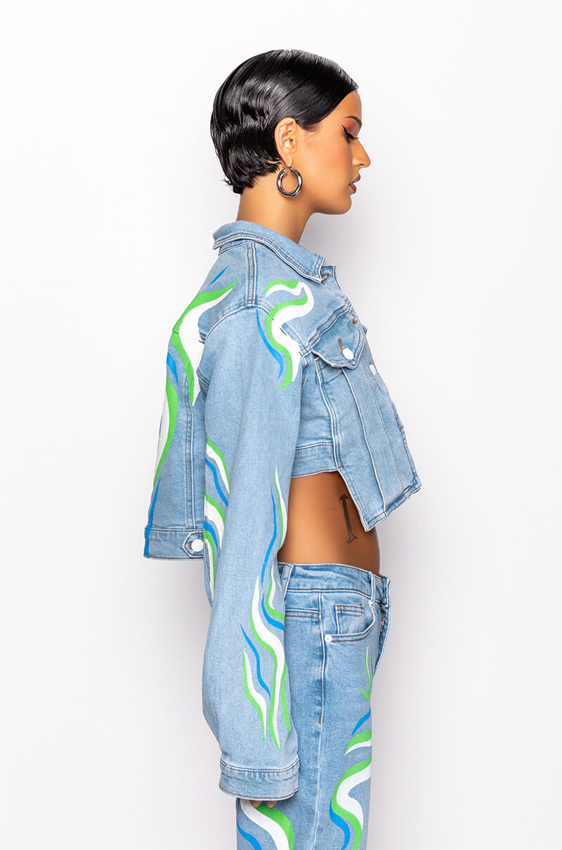 Full View Smooth Swirlin Crop Denim Jacket