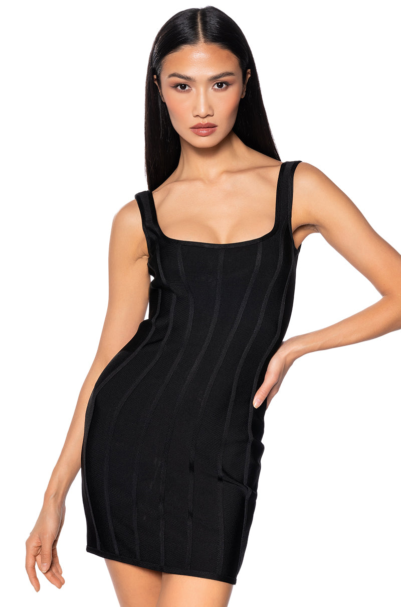 Front View Snatch Me Up Bandage Mini Dress In Black
