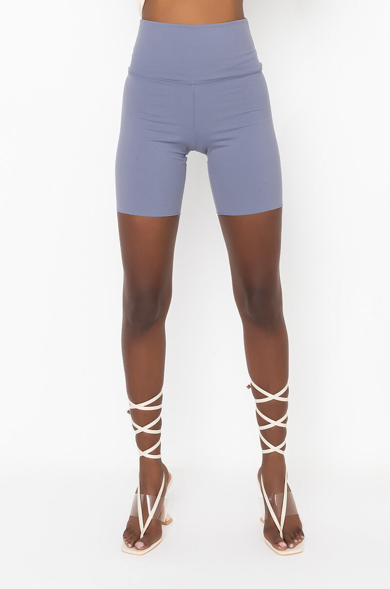 Front View Snatched High Rise Biker Shorts in Grey