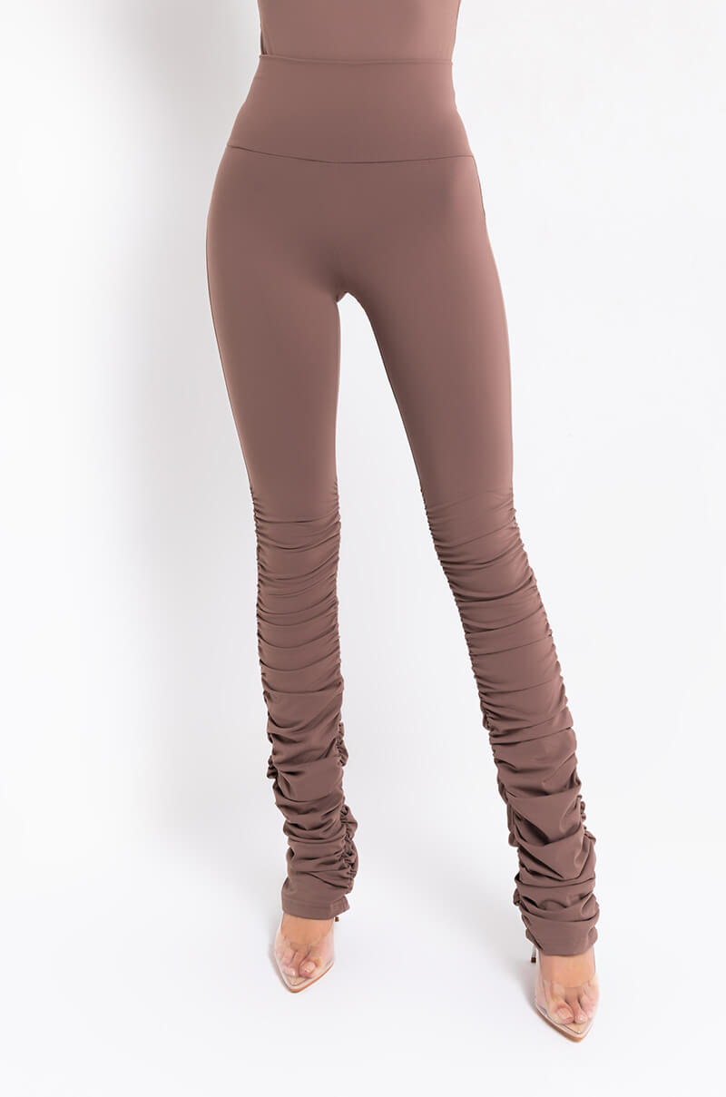 Front View Snatched Stacked High Rise Legging in Light Brown