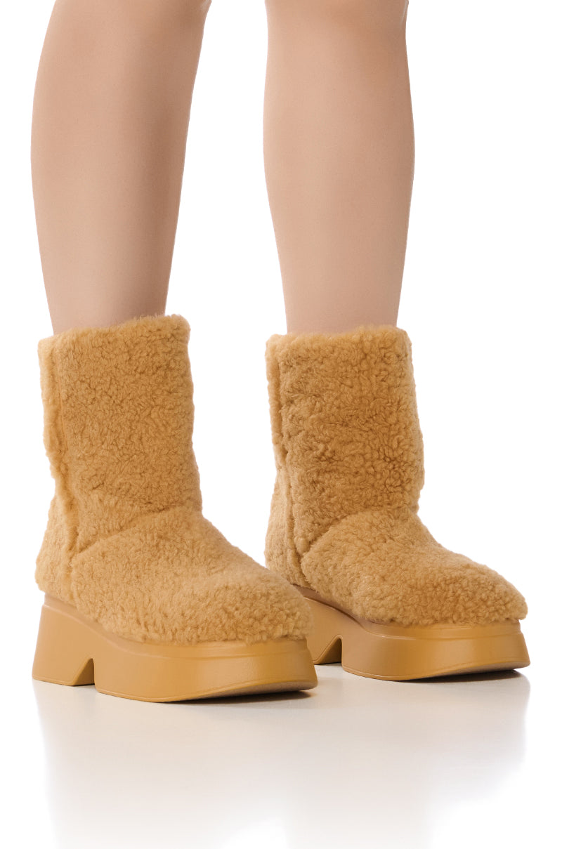 Front View Snow Cozy Sherpa Bootie In Beige